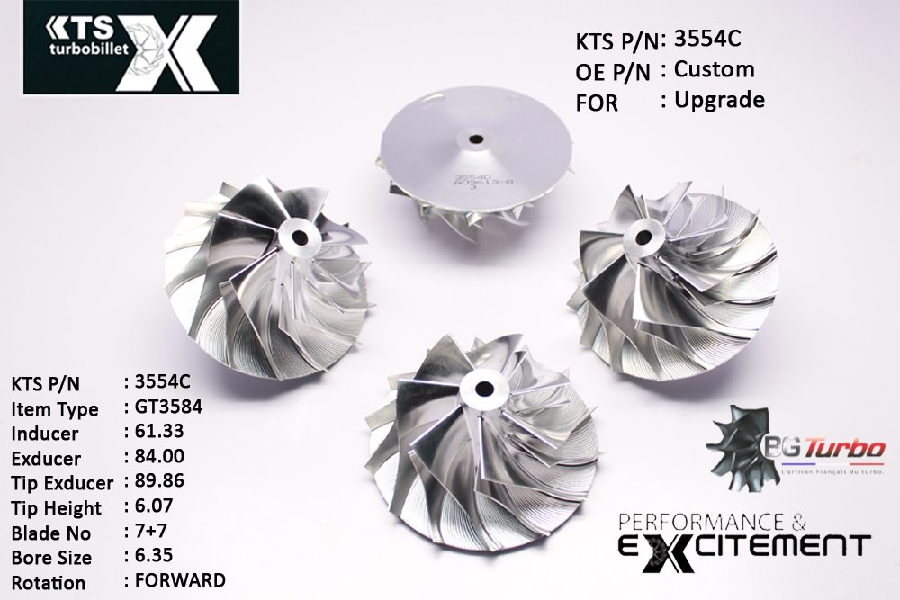 Turbo ROUE FORGÉE MFS PERFORMANCE - 7+7 PALES - INDUCER : 61,33 - EXDUCER : 84 - TYPE : GT3584ANGLE : 60° - ROTATION : Forward - SUPER BACK : 2,3497 - BORE SIZE : 6,35
